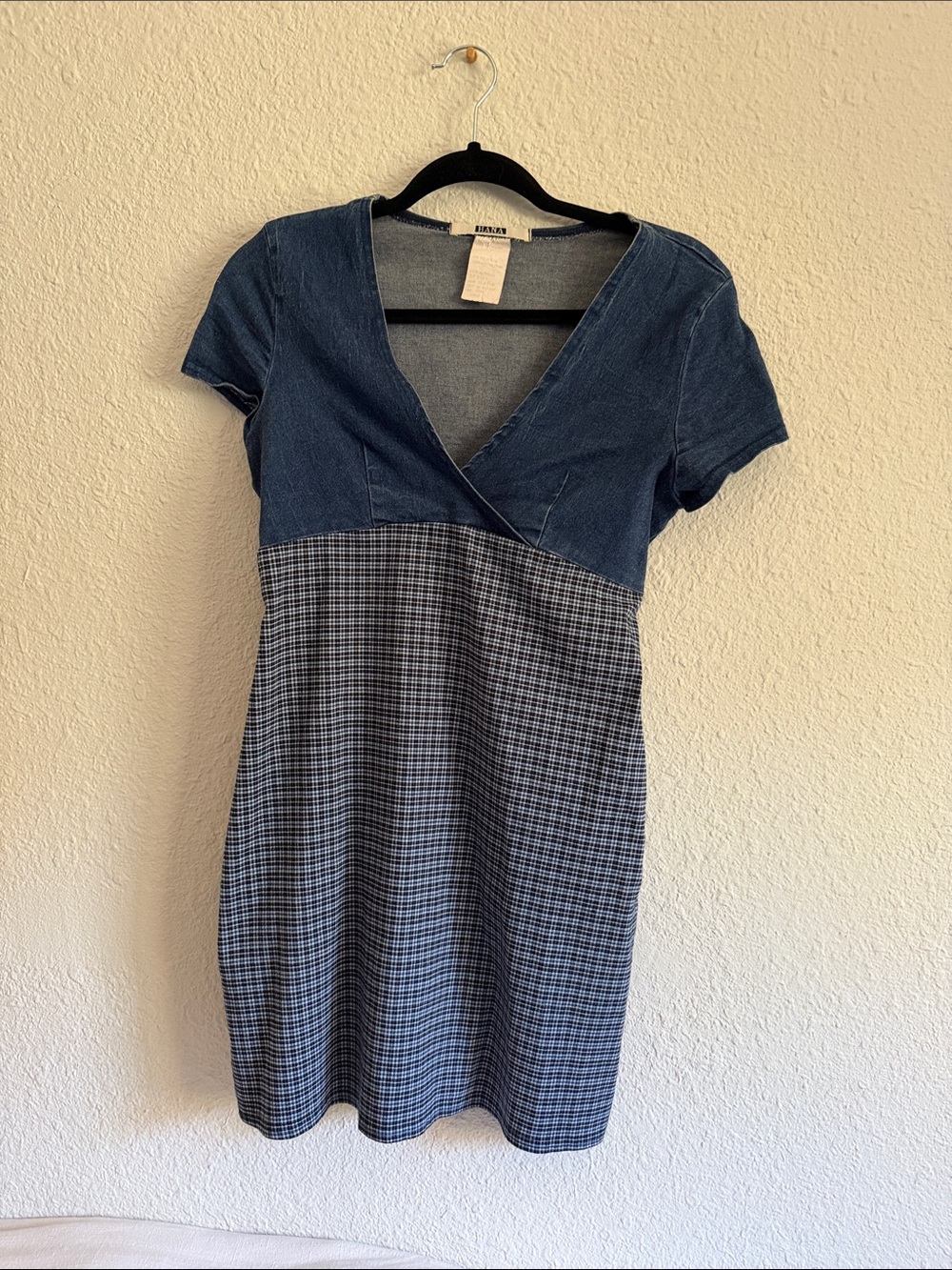 Vintage Blue Denim-Top Plaid Mini Dress